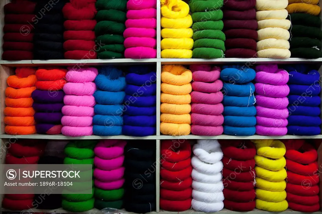 Display of brightly coloured knitting wool in shop in Kohima, the capital city of Nagaland, India