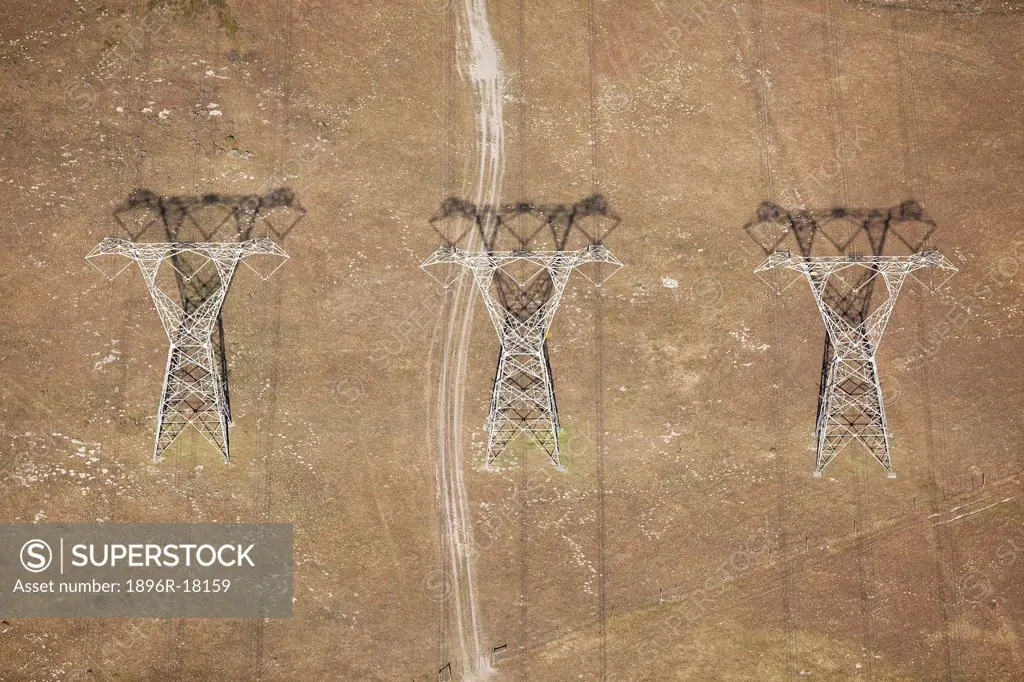 An aerial of electricity pylons