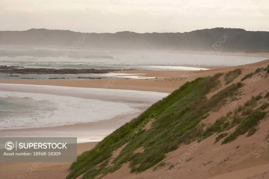Sea and sand dunes and coastal forest of Maitlands beach, Port Elizabeth, Eastern Cape, South Africa.