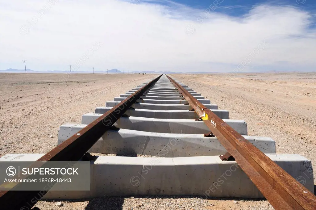 Railway tracks in desert, Kolmanskop, Luderitz, Karas Region, Namibia