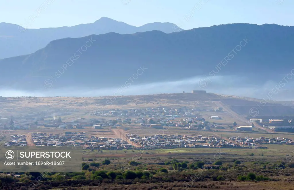 An aerial of part of Clanwilliam with mountains in the background