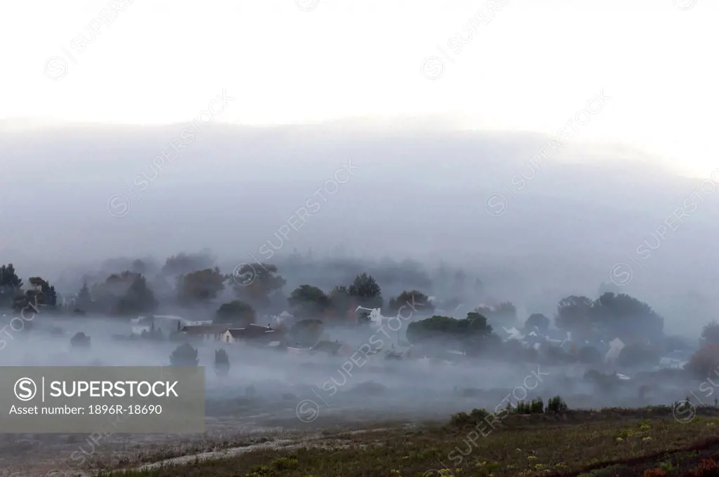 The small town of Greyton in the early morning mist.