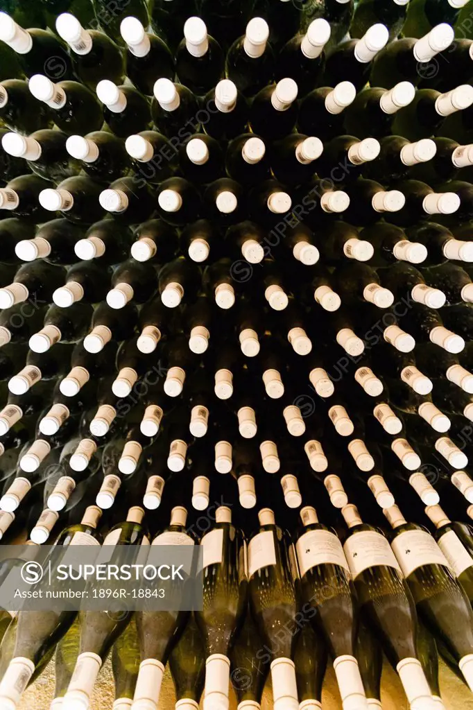 Stored wine bottles on a rack in a cellar, Franschhoek, Boland District, Western Cape Province, South Africa