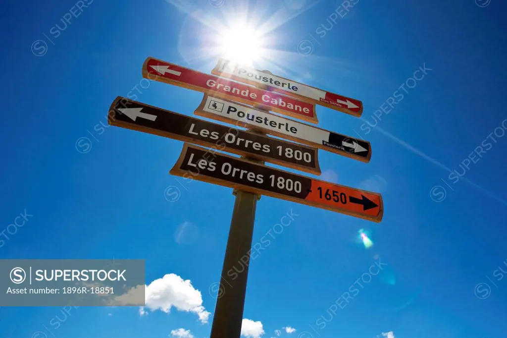 Directional signs in Ski Resort Les Orres, Alps, France