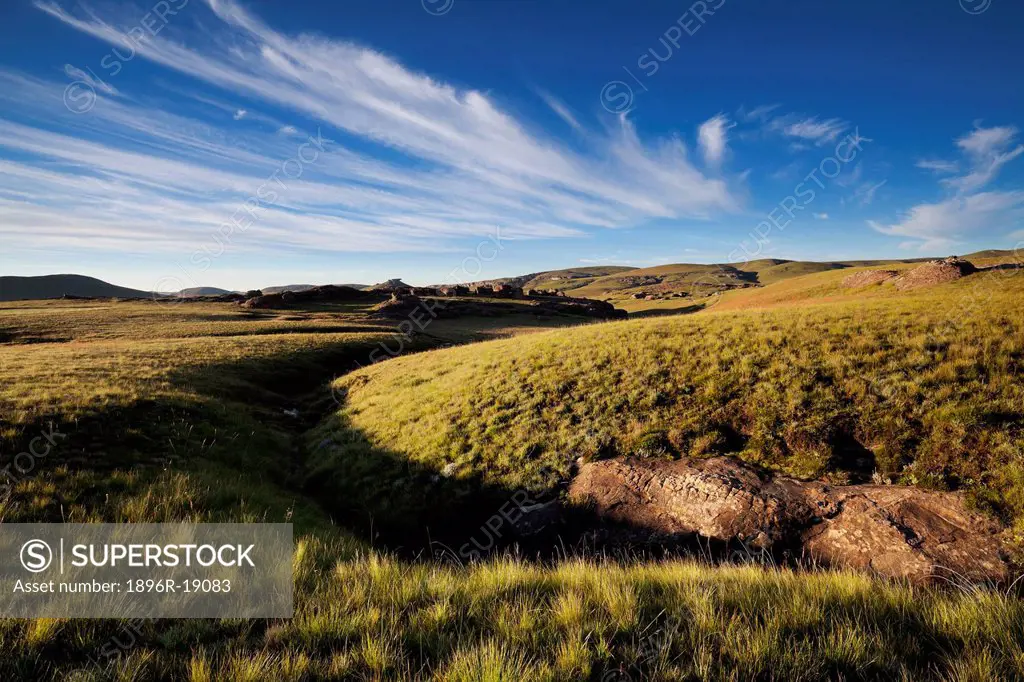 Wide angle view of mountain wetlands in the Drakensberg. Sehlabathebe NP, Lesotho