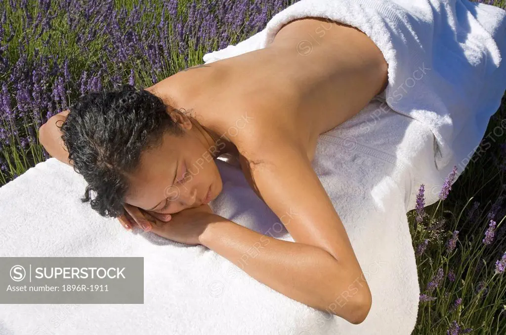 Woman lying on massage bed in lavender field, close up view, Franschhoek, Western Cape Province, South Africa