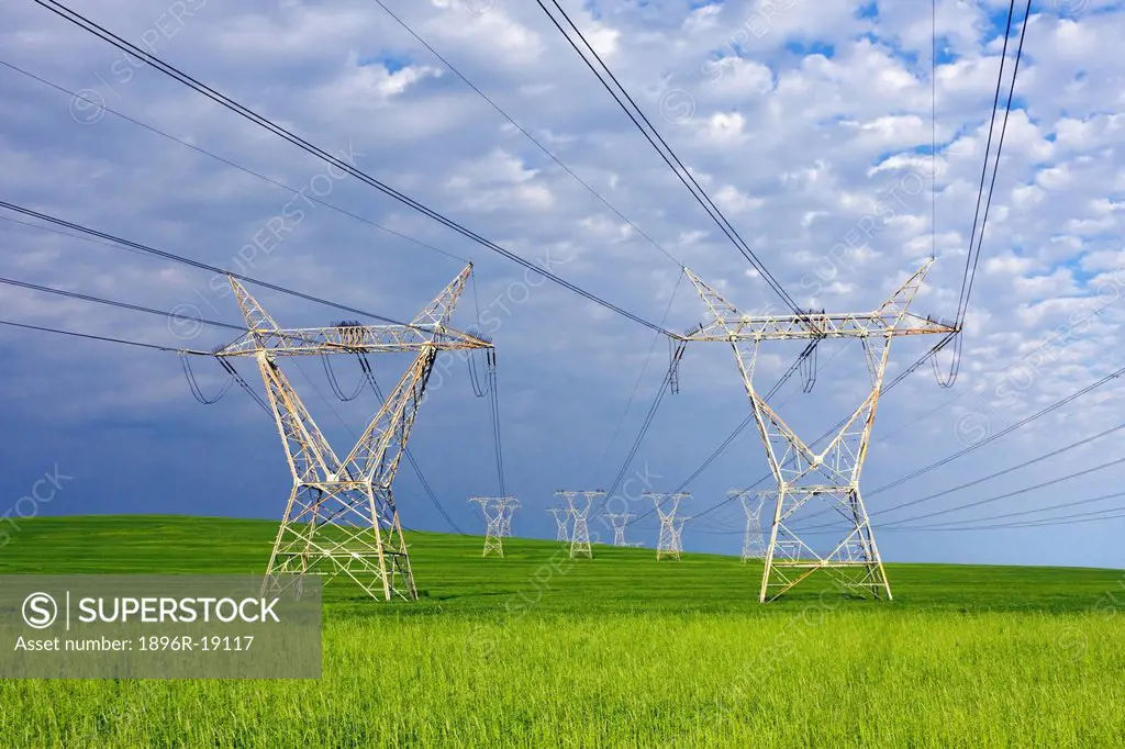 Wide angle view of large electric pylons going through a farmland in the Atlantis area near the Koeberg Nuclear Power Plant. Western Cape, South Afric...