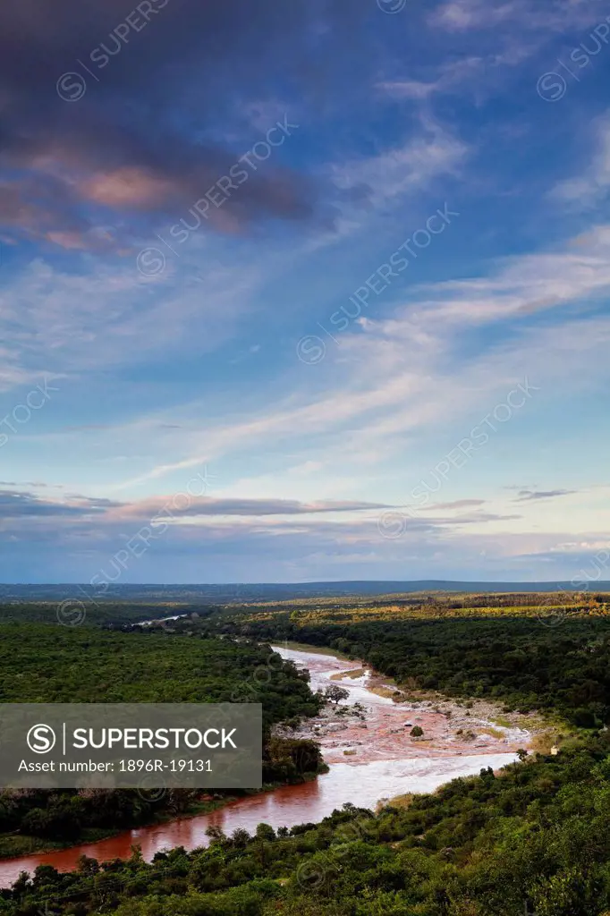 Telepohoto view of the Crocodile river flowing into the lowveld below Abel Erasmus Pass. Crocodile river, mpumalanga, South Africa