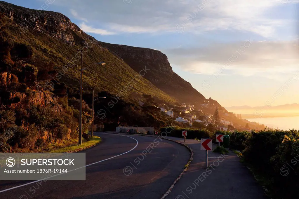 Wide view of Boyes Drive at dawn. Muizenberg/Kalk Bay, Western Cape, South Africa.