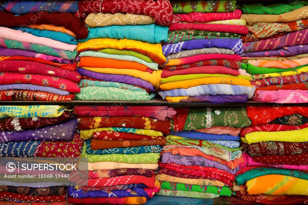 Display of traditional bandhni or tie and dye fabric in Jaipur, Rajasthan, India