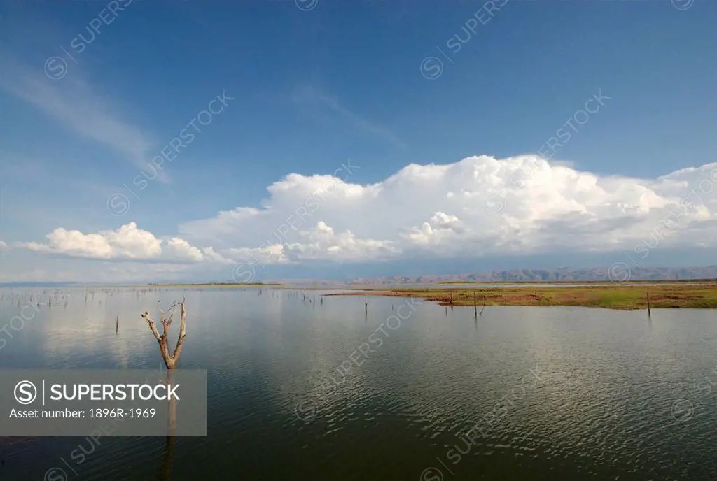 Rain clouds form above the Matusadona Mountains, Lake Kariba, Mashonaland North Province, Zimbabwe