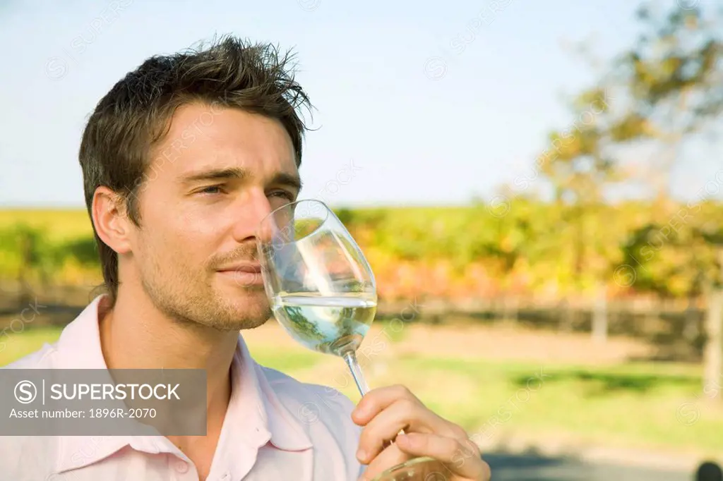 Young man wine tasting at a Wine Estate in Cape Town, Western Cape Province, South Africa