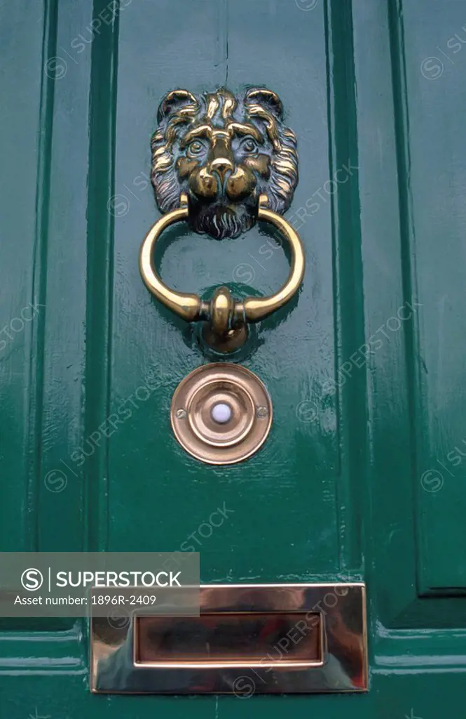 Green Door with Brass Door Knocker and Mail Box  Dublin, Ireland