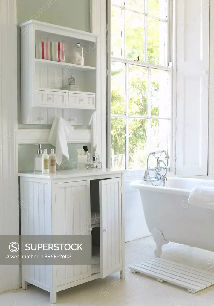 A Bathroom with a Slatted Side Cupboard in Front of a Window  Western Cape Province, South Africa