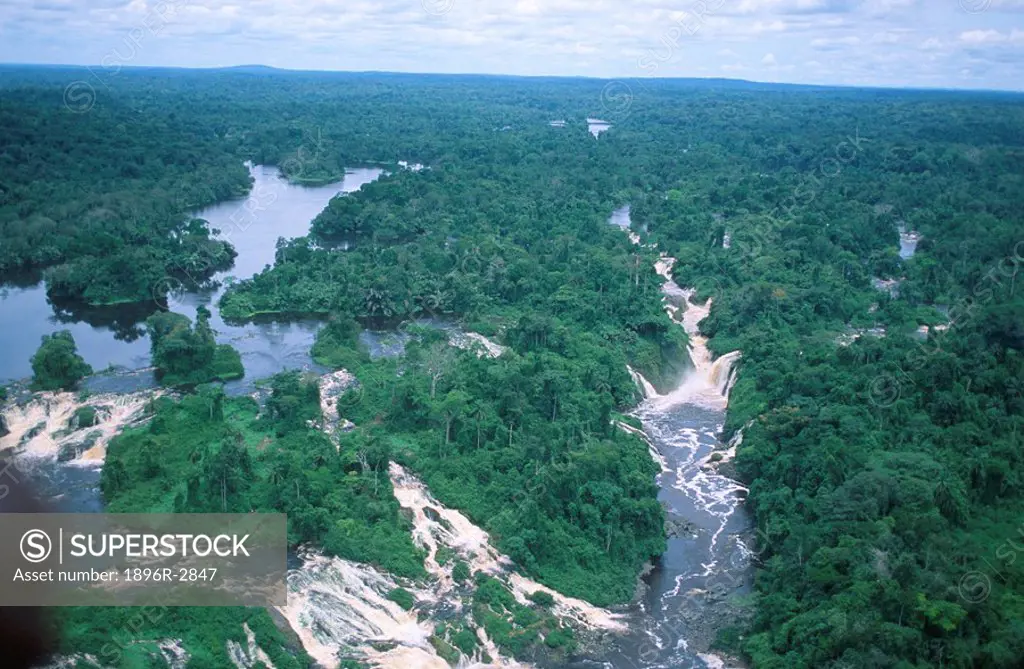 An Aerial View of the Ivindo River  Kongou Falls, Ivindo National Park, Gabon, West Africa