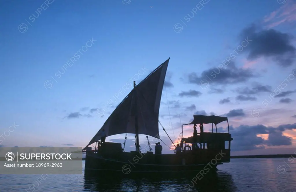 Silhouette of a Couple on a Dhow at Sunset  Mombasa, Kenya