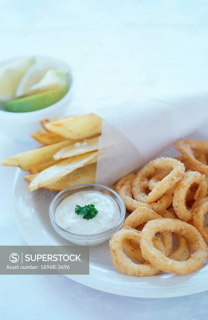 Deep-fried Calamari & Chips  Studio Shot