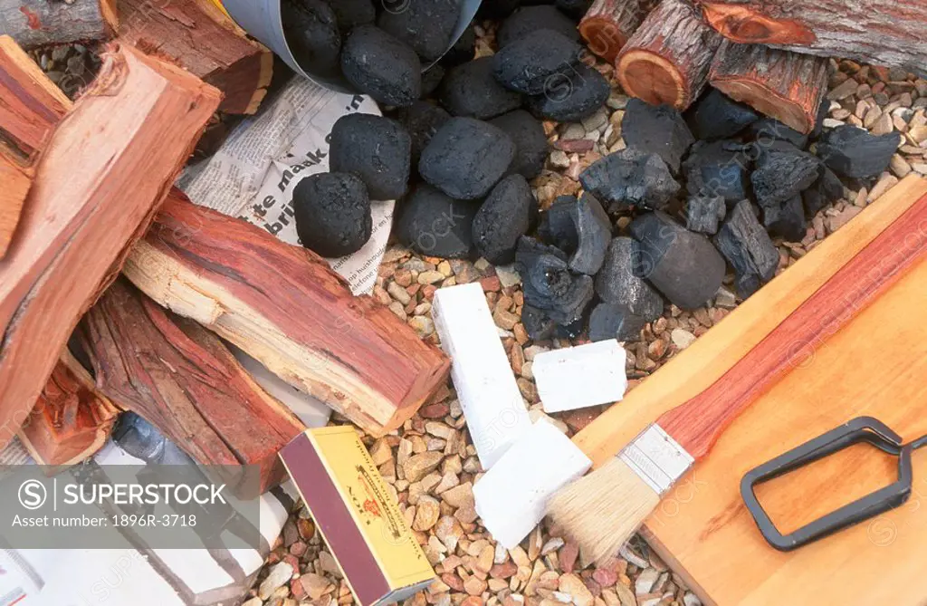 Fire Starting Paraphernalia,From the left: Camel Thorn,Charcoal,Firelighters,Basting Brush,Tongs and Rooikrans  Studio Shot