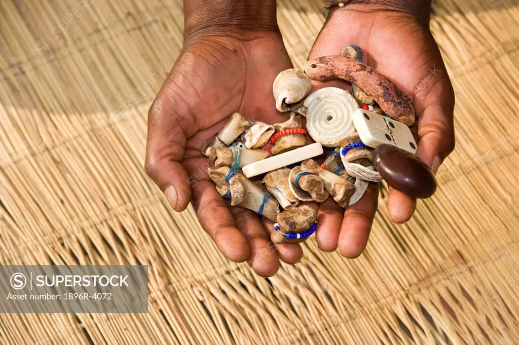 Sangoma Traditional Healer Hands Holding Bones  Basotho Cultural Village, Witsieshoek, Free State Province, South Africa