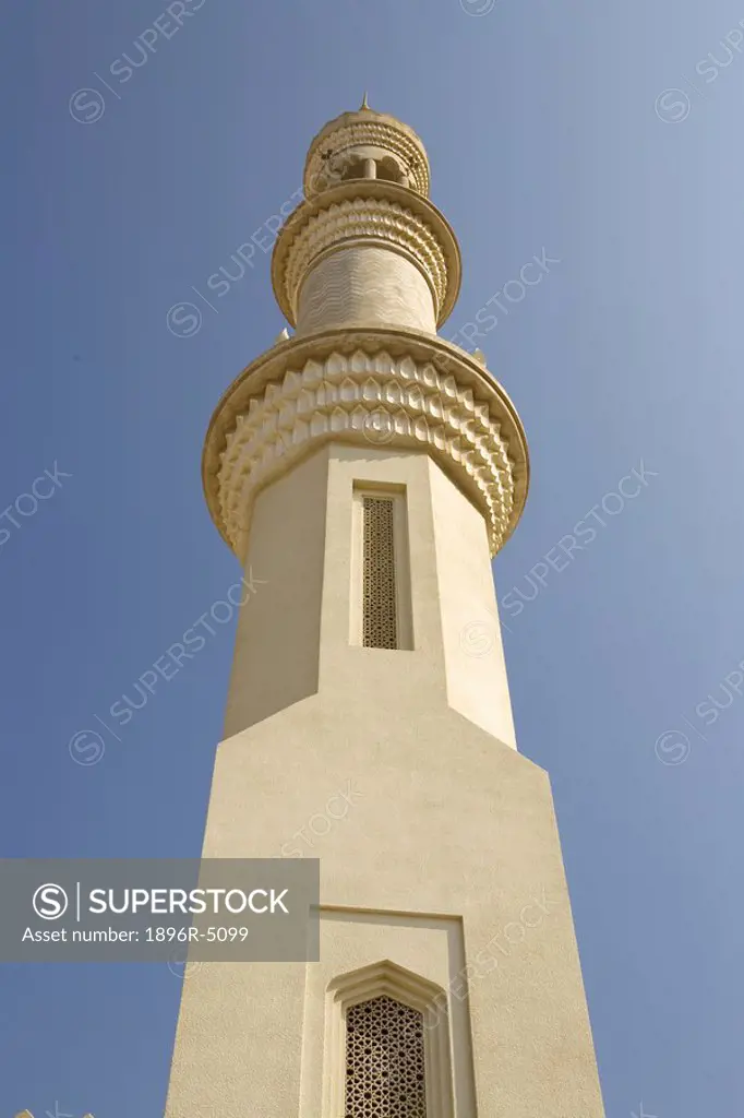 Minaret, King Faisal Mosque, low angle view, Sharjah, UAE  United Arab Emirates