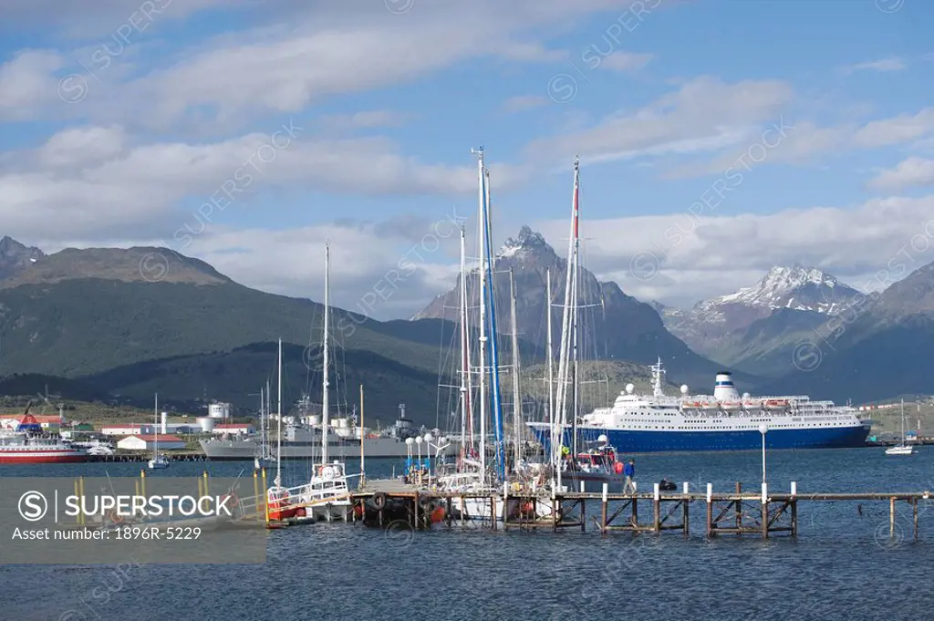 Docked Yachts and Ships in the Harbour at Ushuaia Bay  Tierra del Fuego, Patagonia, Argentina, South America