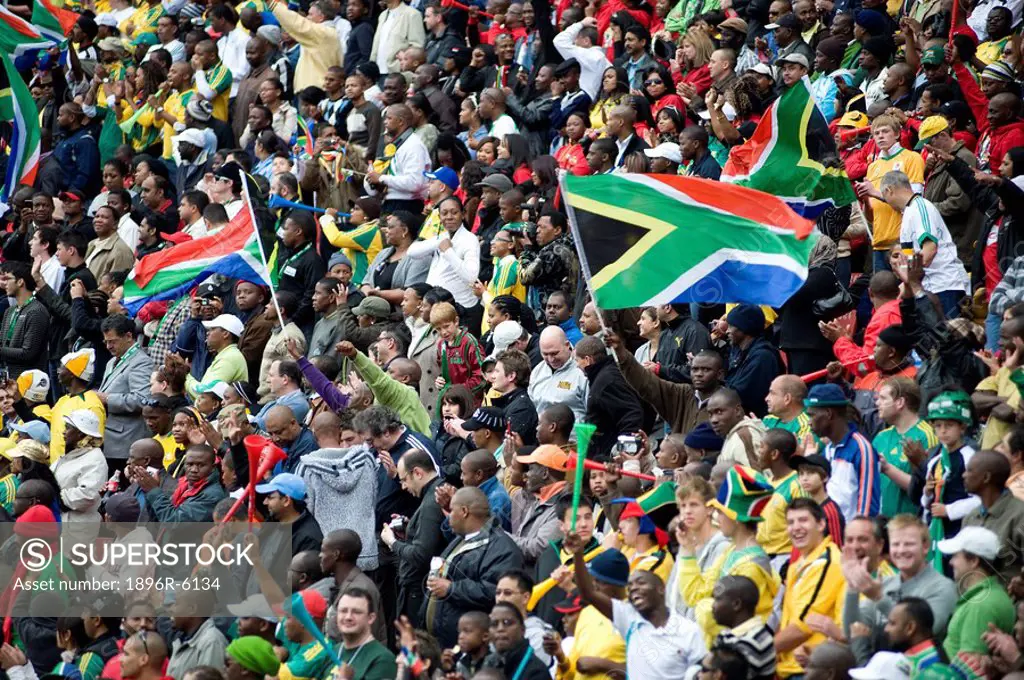 Crowd shot at a soccer game, with South African Flags, Johannesburg, South Africa