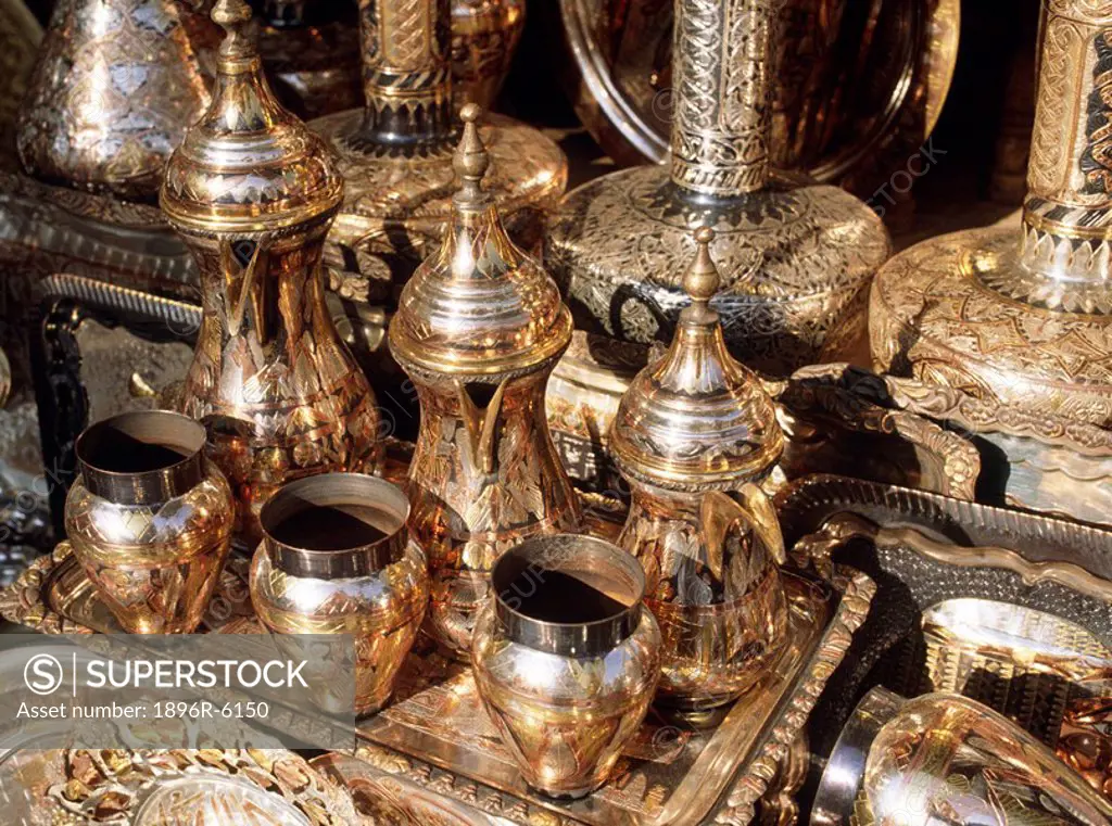 Close-up of Brass and Copper Goods in El khalili Bazaar  Cairo, Egypt