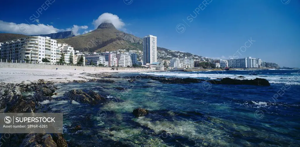 Cape Town beach with Lions head & promenade in the background. Sea Point, Cape Town, Western Cape Province, South Africa