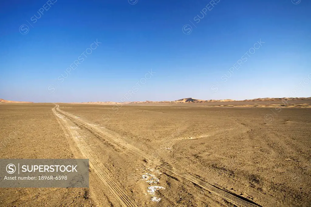 Car tyre tracks in the desert sand. Abu Dhabi, United Arab Emirates