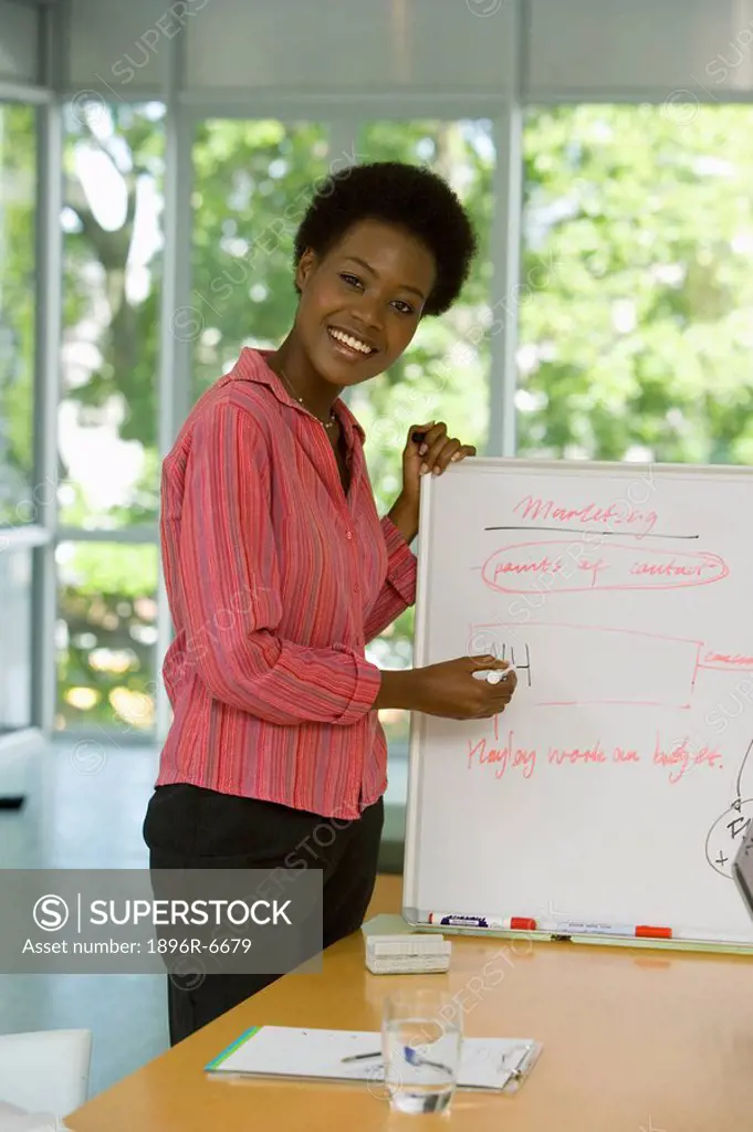 Businesswoman presenting on a white board. Cape Town, Western Cape Province, South Africa