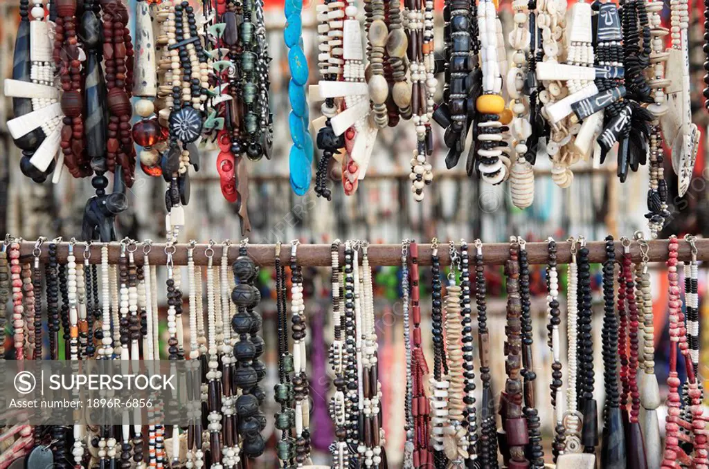 Close Up of African beaded and bone necklaces. Grahamstown, Eastern Cape Province Province, South Africa