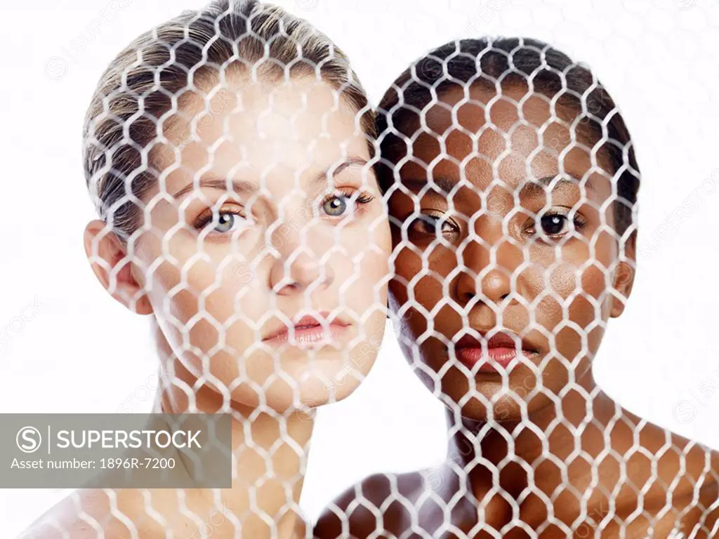 African and Caucasian Woman Head to Head Photographed Through Wire Mesh  Studio Shot