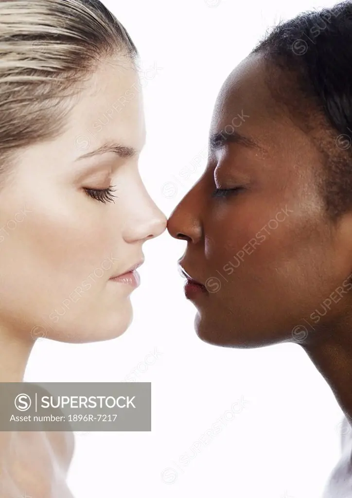 African and Caucasian Woman Nose to Nose  Studio Shot