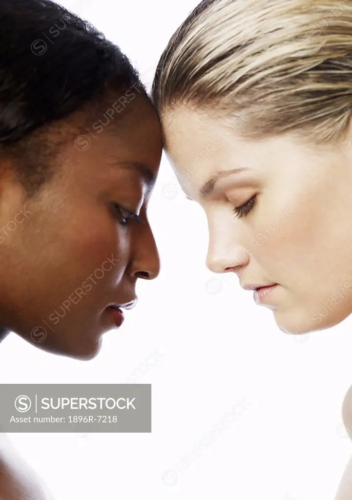 African and Caucasian Woman with their Foreheads Together  Studio Shot