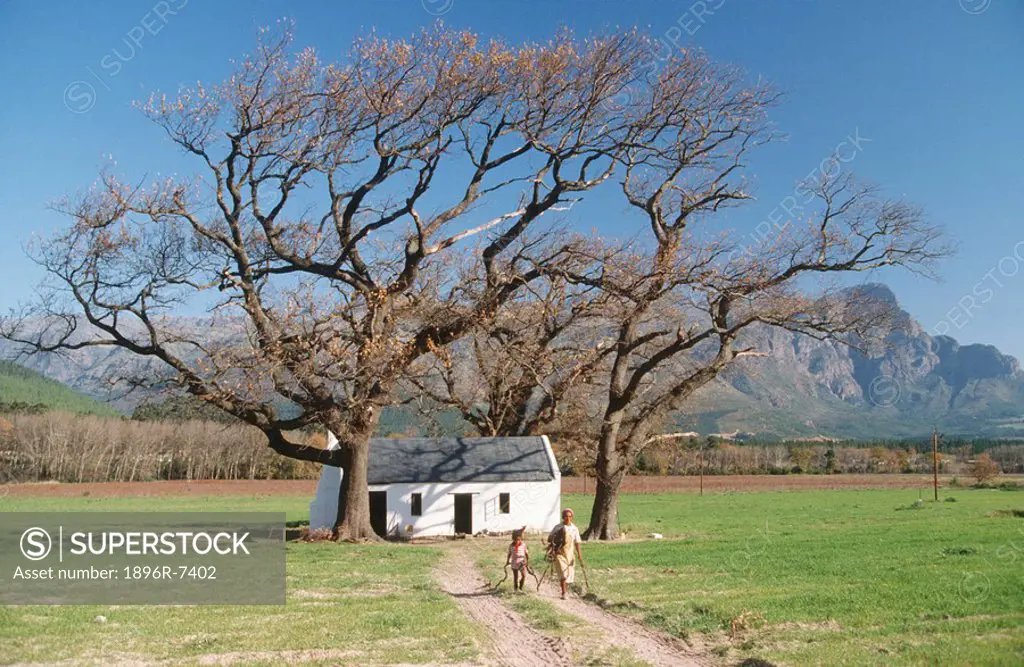 Worker´s cottage and people, Franschhoek, Boland District, Western Cape Province, South Africa