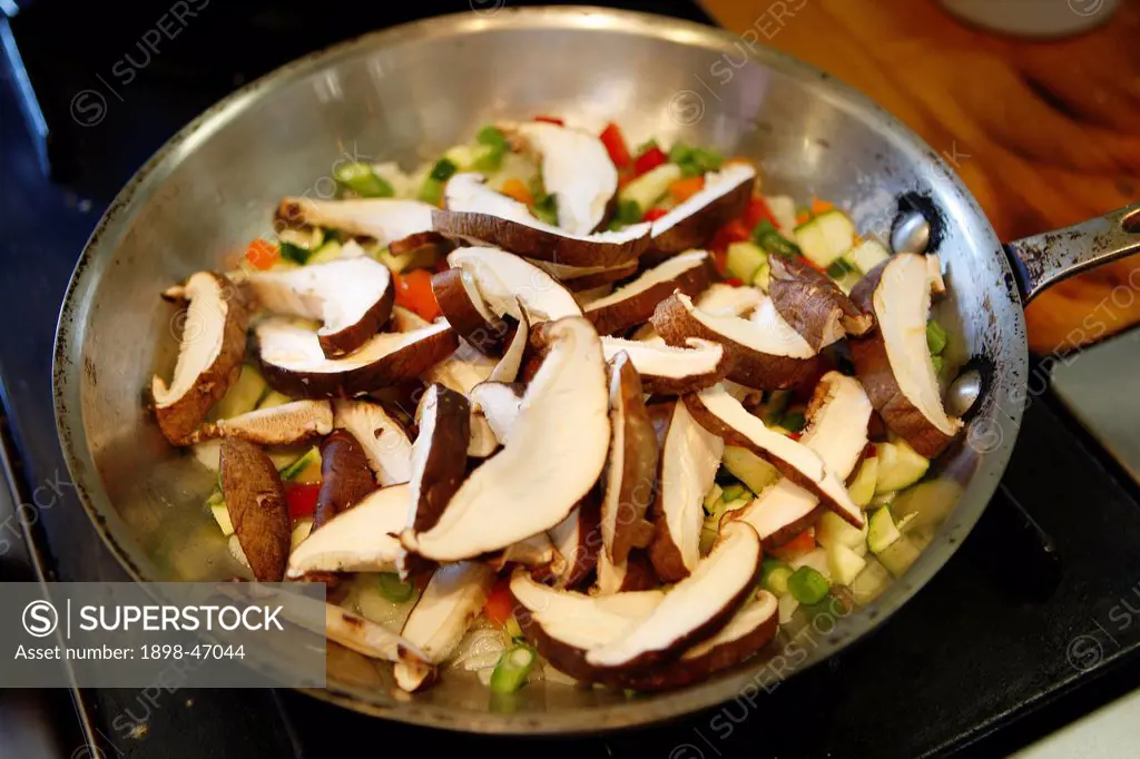 Shitake Mushrooms, Scallions and Peppers in Pan