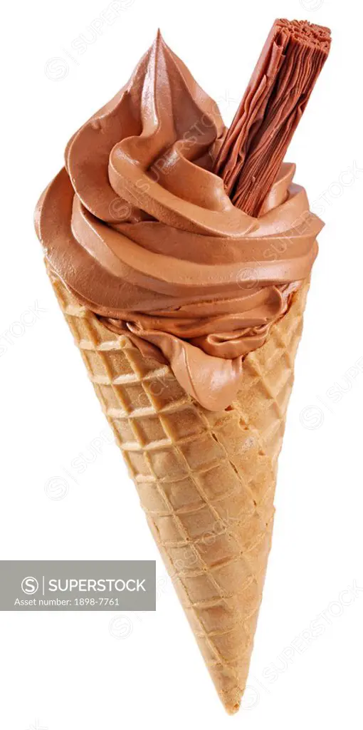 CHOCOLATE ICE CREAM CONE WITH FLAKE ON WHITE