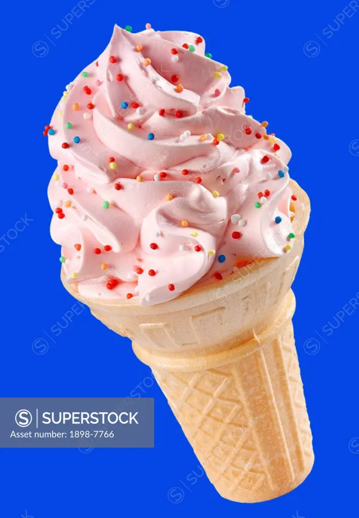 STRAWBERRY ICE CREAM CONE WITH SPRINKLES ON BLUE