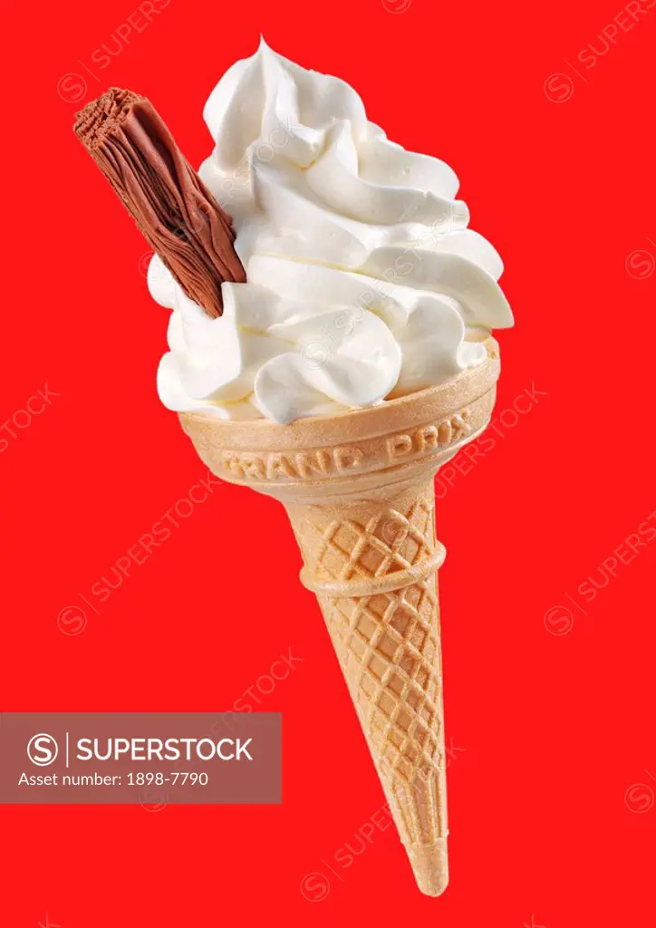 VANILLA ICE CREAM CONE WITH FLAKE ON RED