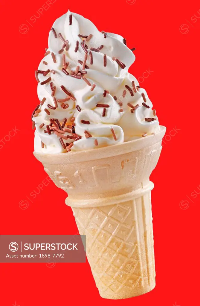 VANILLA ICE CREAM CONE WITH SPRINKLES ON RED