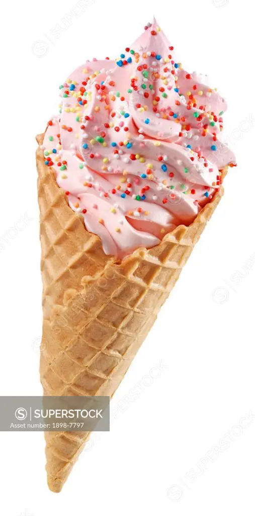 STRAWBERRY ICE CREAM CONE WITH SPRINKLES ON WHITE