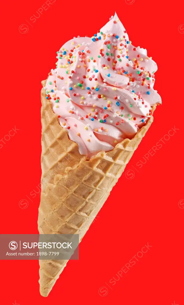 STRAWBERRY ICE CREAM CONE WITH SPRINKLES ON RED