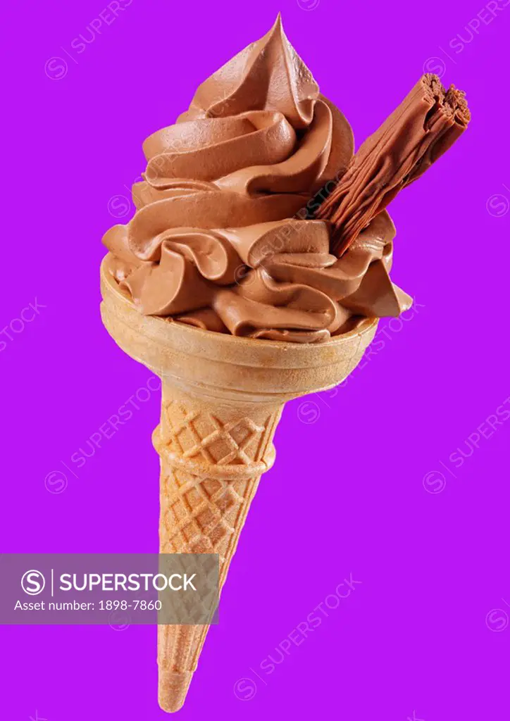 CHOCOLATE ICE CREAM IN CONE WITH CHOCOLATE FLAKE ON PURPLE