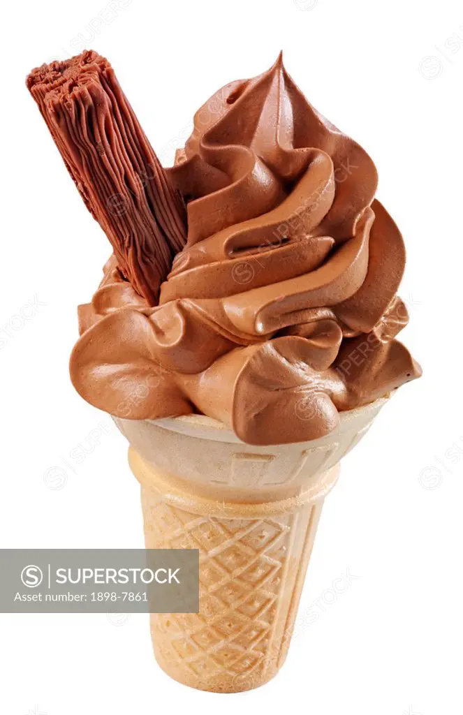 CHOCOLATE ICE CREAM IN CONE WITH CHOCOLATE FLAKE ON WHITE
