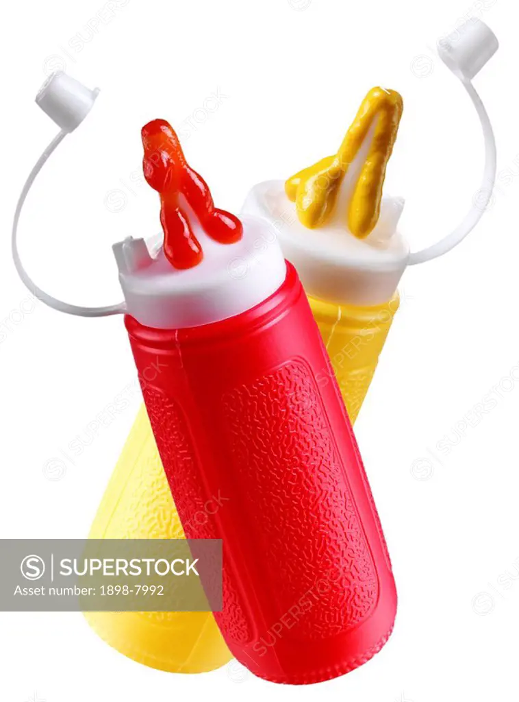 KETCHUP AND MUSTARD BOTTLES ON WHITE