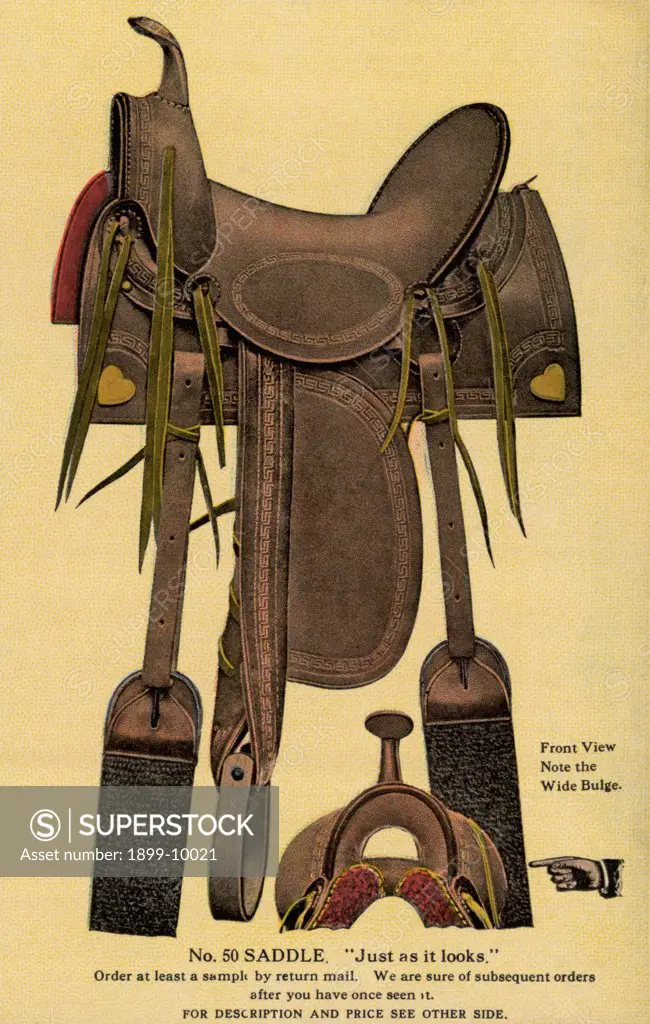 Postcard of a Horse Saddle. ca. 1913, An advertisement for horse saddle No. 50 points out the feature of the wide bulge and notes that the saddle is 'Just as it looks.' The text encourages the consumer to 'Order at least a sample by return mail. We are sure of subsequent orders after you have once seen it.' 