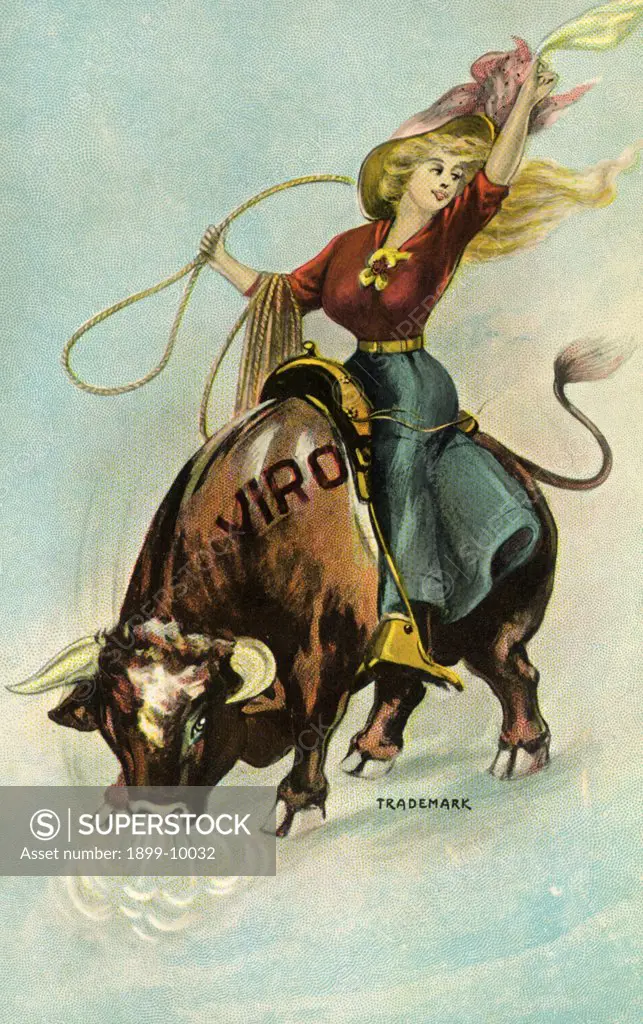 Postcard of a Woman Riding a Bull. ca. 1913, Postcard of a Woman Riding a Bull 