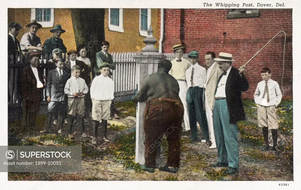 Man Tied to a Whipping Post. ca. 1924-1929, Dover, Delaware, USA, The Whipping Post, Dover, Del. 