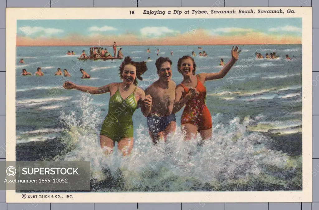 Having Fun at Savannah Beach. ca. 1940, Tybee Island, Georgia, USA, 18 Enjoying a Dip at Tybee, Savannah Beach, Savannah, Ga. 