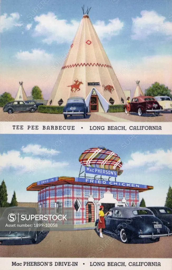 Postcard of Drive-in Restaurants. ca. 1940, TEEPEE BARBECUE. 5251 East Second Street. MacPHERSON'S DRIVE-IN. 901 East Broadway. Two fine and convenient drive-ins-both in LONG BEACH, CALIFORNIA. Architecture worth seeing-real barbecued Sandwiches and fountain drinks-worth remembering. 